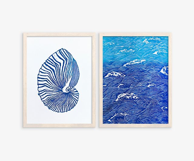 Gallery wall set of 2 Blue sea shell and ocean waves wall art Linocut print  - Shop daashart Posters - Pinkoi