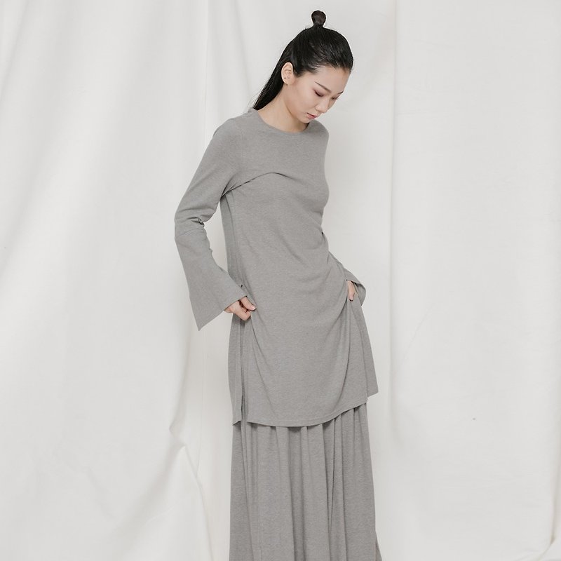BUFU   soft hemp long sleeves tshirt   SH171101 - เสื้อยืดผู้หญิง - ผ้าฝ้าย/ผ้าลินิน สีเทา