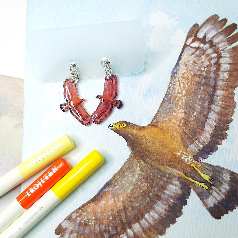 Taiwan's endemic Great Crested Vulture Painting Earrings 925 Tremella Needle/ Clip-On - Earrings & Clip-ons - Waterproof Material Brown