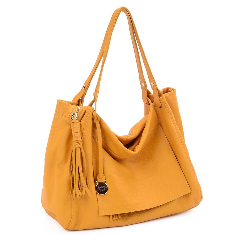 La Poche Secrete: French girl handsome package _ _ yellow moon genuine leather shoulder bag slung dual _1974 - กระเป๋าแมสเซนเจอร์ - หนังแท้ สีส้ม