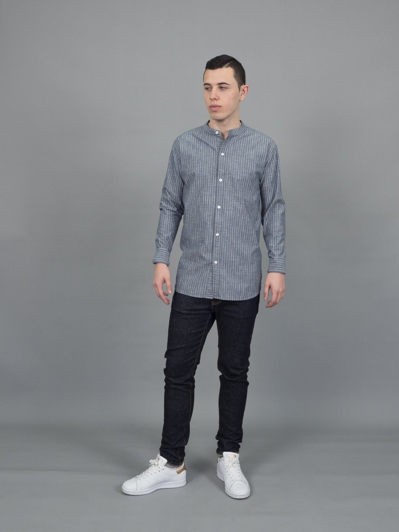 Grey Stripe Work shirt (Grey, แขนยาว) (2 Pcs.) 長袖襯衫 - เสื้อเชิ้ตผู้ชาย - ผ้าฝ้าย/ผ้าลินิน สีเทา