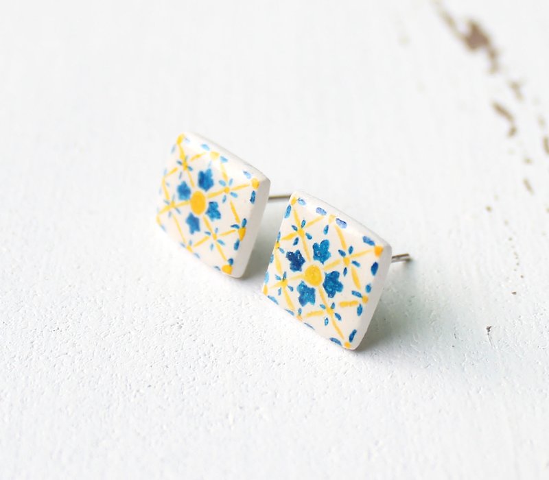 Diamond pattern tile earrings / geometric / square - Earrings & Clip-ons - Clay Yellow