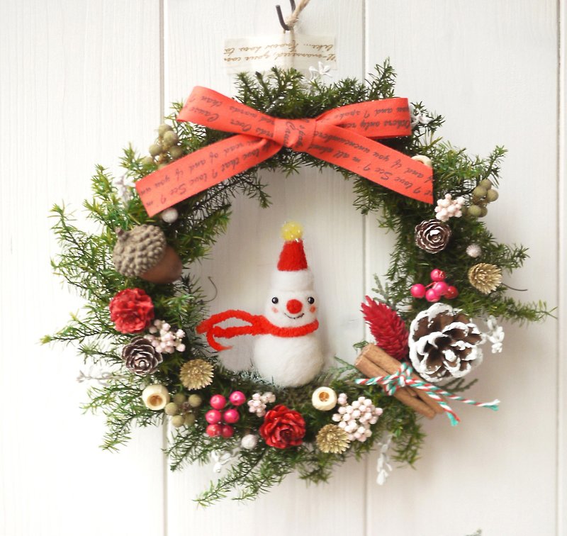 Wool felt snowman wreath (cedar christmas wreath + wool felt gift box) - Dried Flowers & Bouquets - Plants & Flowers Red