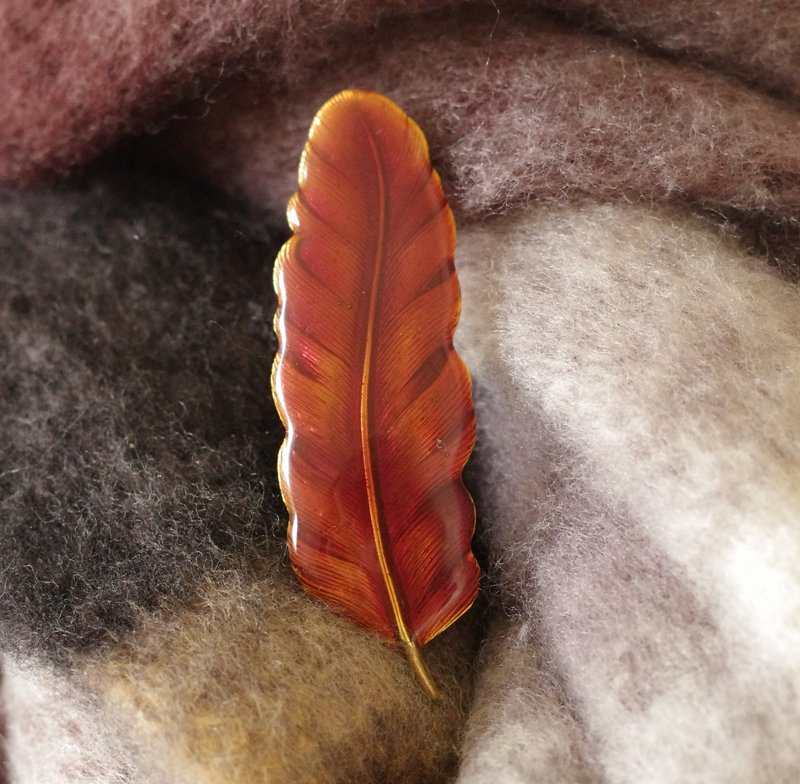 古董Vintage古著法國金色咖啡琺瑯羽毛刷金別針胸針 B2105 - 胸針 - 其他金屬 金色