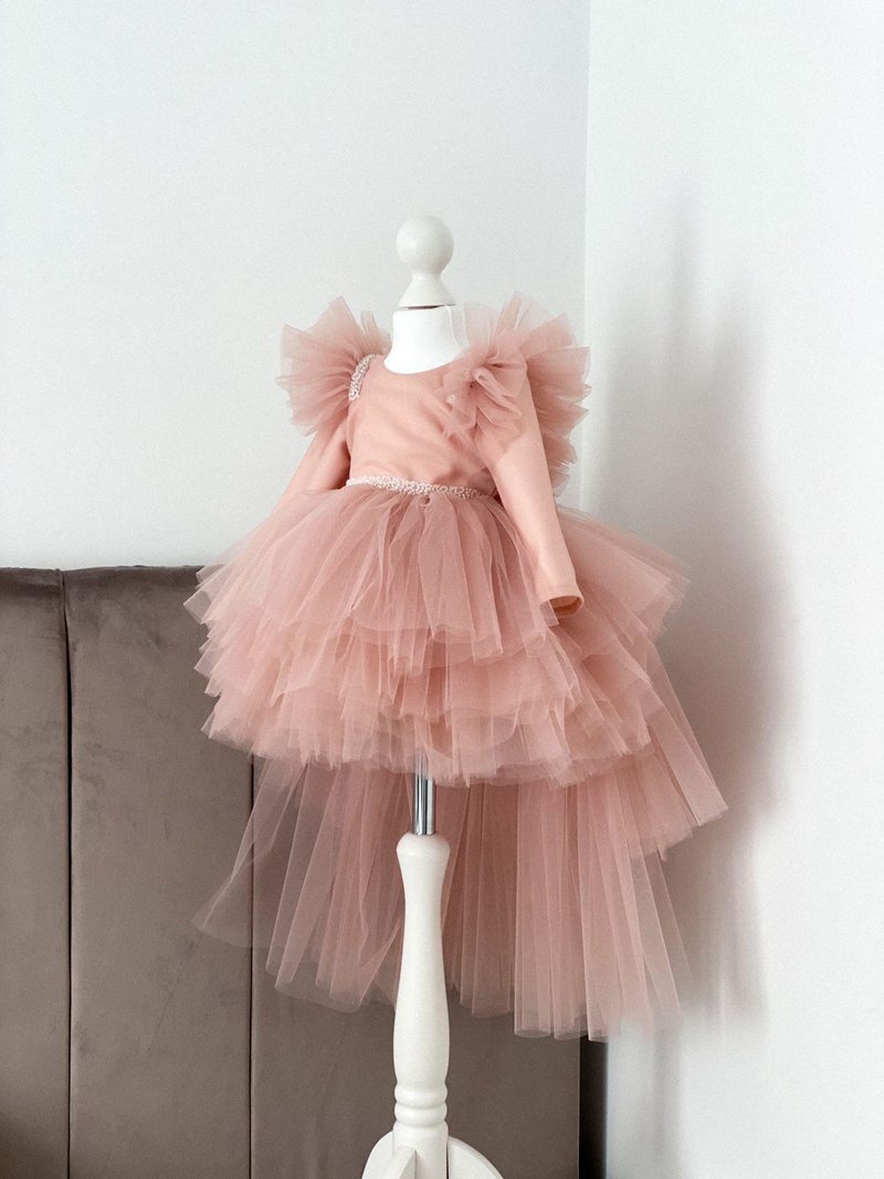 Beige dress for baby girl. First birthday dress with headband. Tutu dress. - 男/女童禮服 - 其他材質 