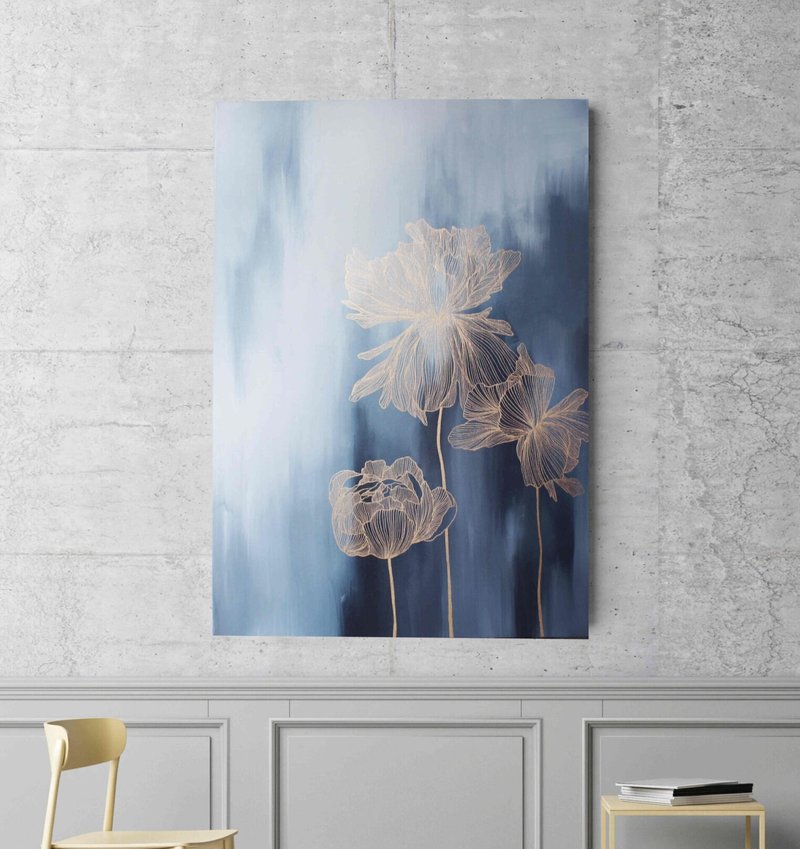 Gold Flower Painting | Flowers Painting Blue gold | Abstract painting Thinness 3 - 壁貼/牆壁裝飾 - 棉．麻 藍色