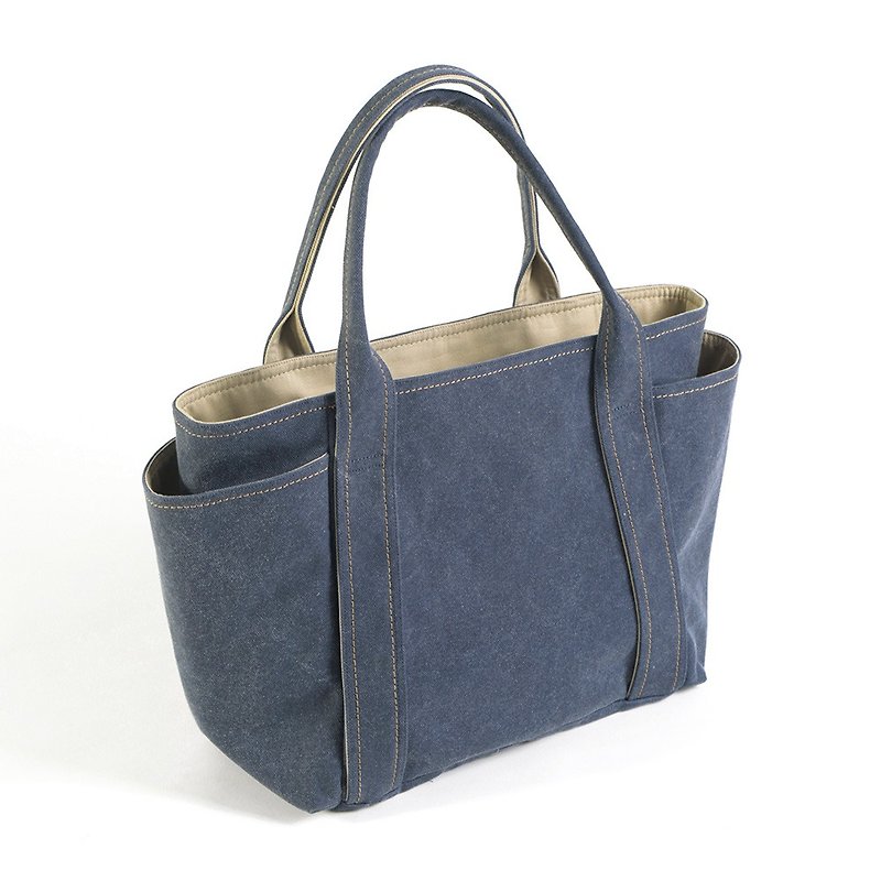 Washed canvas universal handbag - gray blue (small) - กระเป๋าถือ - ผ้าฝ้าย/ผ้าลินิน สีน้ำเงิน
