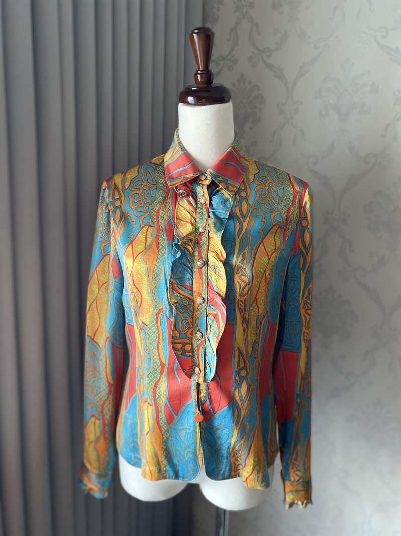 flame silk rhinestone button vintage shirt - เสื้อเชิ้ตผู้หญิง - ผ้าไหม หลากหลายสี