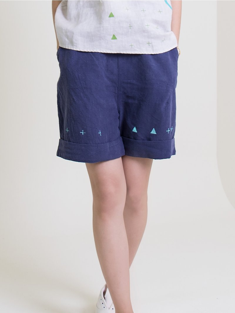 Cotton and linen shorts - กางเกงขายาว - ผ้าฝ้าย/ผ้าลินิน สีน้ำเงิน