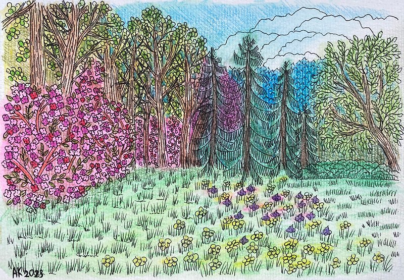 春の草原の水彩画、風景イラスト、森、花のアート - ウォールデコ・壁紙 - その他の素材 グリーン