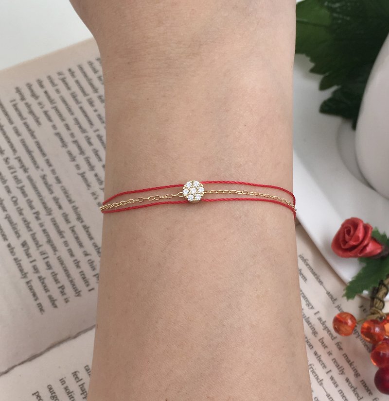 925 sterling silver gold-plated seven small diamond chain rope red wire bracelet red wire gold chain three chain rope - สร้อยข้อมือ - ผ้าฝ้าย/ผ้าลินิน สีแดง