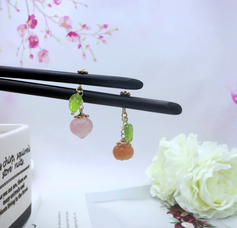 檸檬手作髮飾  金絲玉南瓜與粉晶桃子黑檀木髮簪 - 髮夾/髮圈 - 木頭 