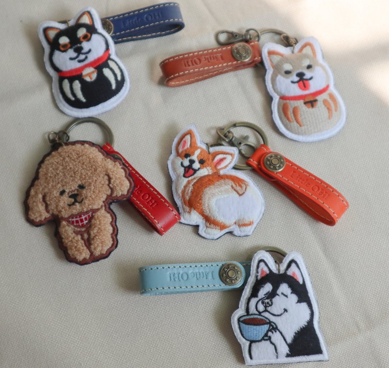 Embroidered corgi cat and dog key ring birthday gift single-sided lettering customized New Year gift - ที่ห้อยกุญแจ - หนังแท้ 