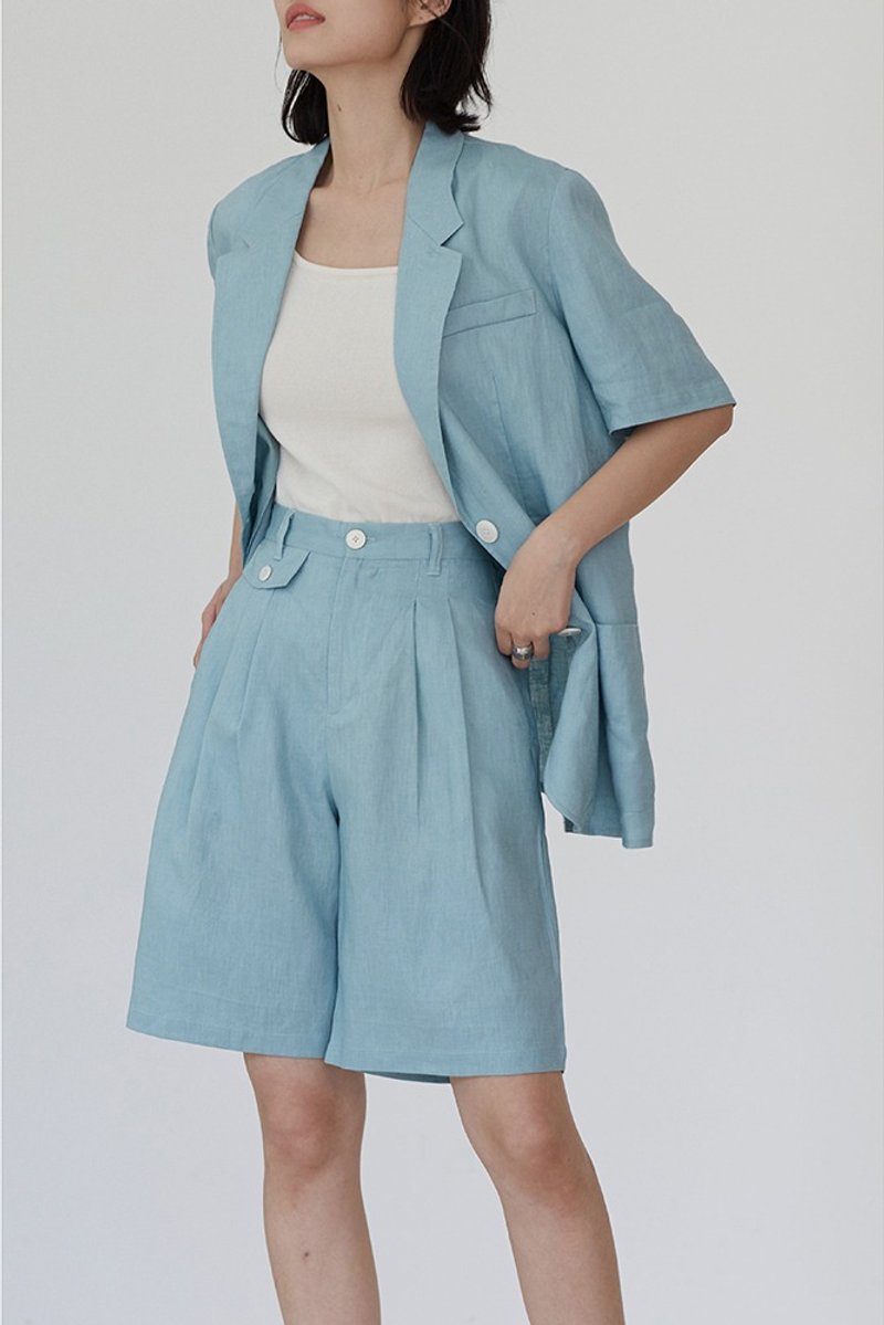 Aqua blue comfortable, breathable, high-quality linen retro pocket straight-leg pants A-shaped wide-leg five-point shorts - กางเกงขายาว - ผ้าฝ้าย/ผ้าลินิน สีน้ำเงิน