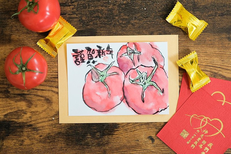 客製化 日式繪手紙原稿賀卡  新年卡  - 心意卡/卡片 - 紙 紅色