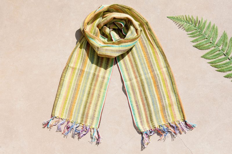 Hand-woven pure silk scarves, hand-woven fabric scarves, hand-woven scarves, cotton and linen scarves - fruit green rainbow stripes - ผ้าพันคอ - ผ้าฝ้าย/ผ้าลินิน หลากหลายสี