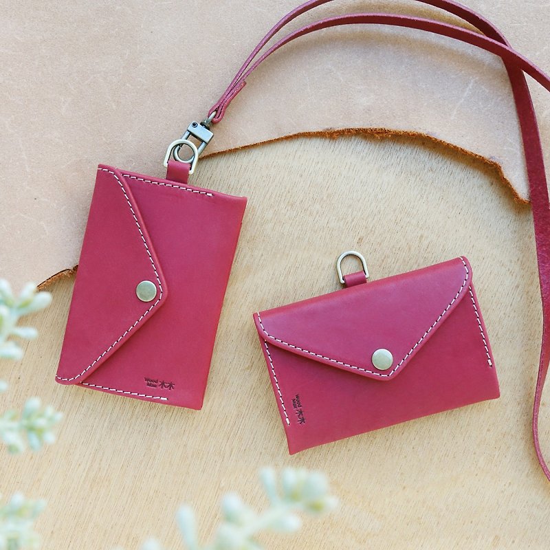 Genuine leather multifunctional ID holder-Pomegranate red (free engraving) - ที่ใส่บัตรคล้องคอ - หนังแท้ สีแดง