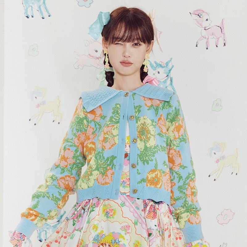 藍色花朵 復古提花針織開襟衫 微寬鬆 - 女毛衣/針織衫 - 其他材質 多色