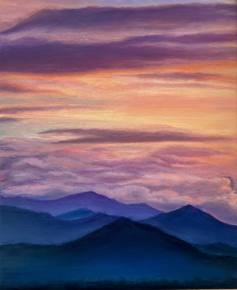 Colorful Sky Clouds Sunset in Mountains Landscape Original Oil Painting 30x24 cm - Illustration, Painting & Calligraphy - Cotton & Hemp Multicolor