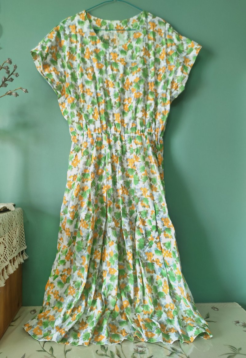 vintage 黃綠碎花洋裝054 - 洋裝/連身裙 - 聚酯纖維 多色