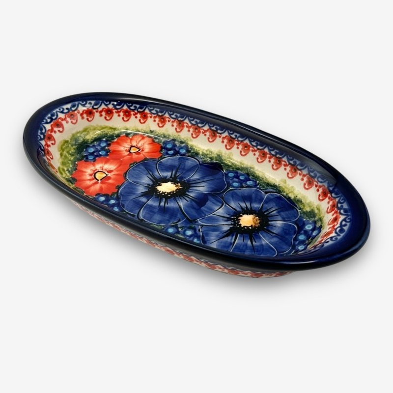 波蘭手繪手工陶-橢圓小碟 18.5cm 赤藍芳華系列 - 盤子/餐盤/盤架 - 陶 藍色