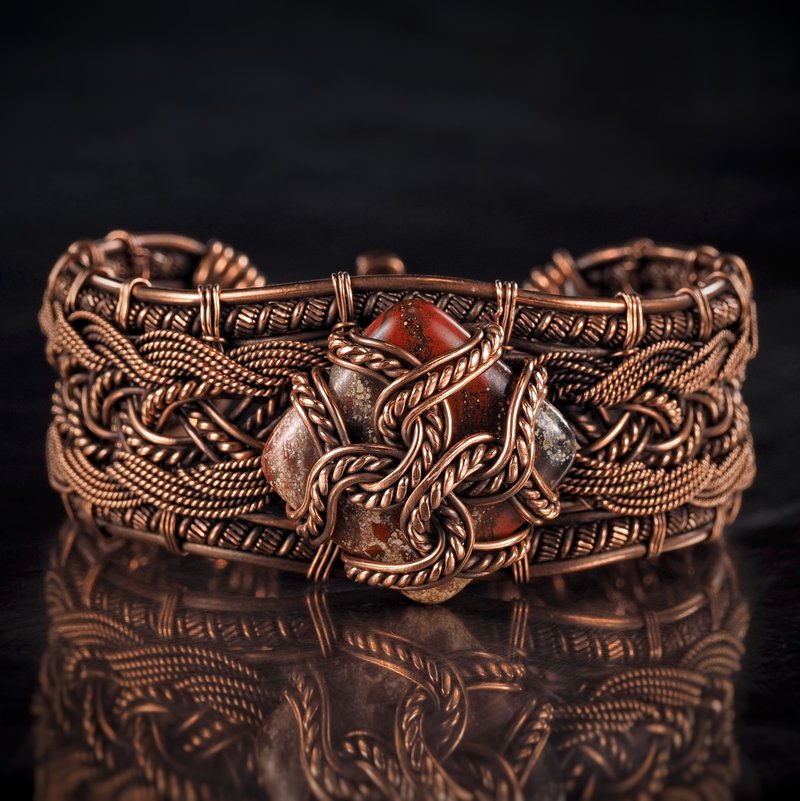 Copper wire wrapped bracelet with jasper for lady Antique style WireWrapArt - 手鍊/手環 - 寶石 多色