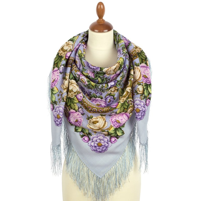 Pavlovo Posad Russian Shawl 100% Wool Scarf 125x125 cm Wrap Silk Fringe 2000-13 - 絲巾 - 羊毛 藍色