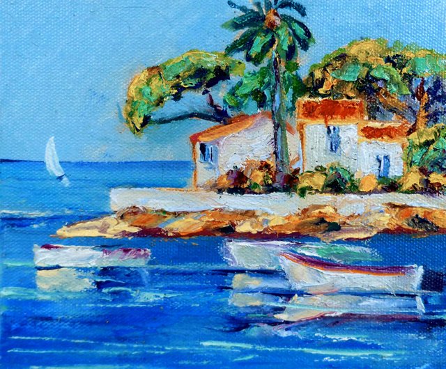 キャンバスに海景油絵、オリジナルアート、ボートの絵、地中海