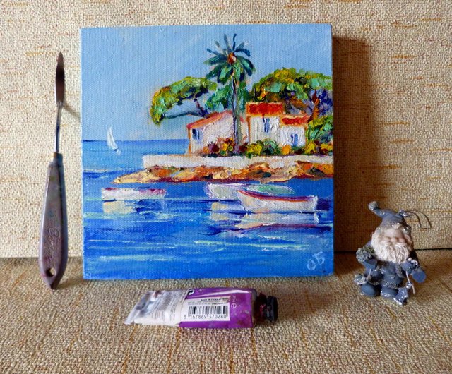 キャンバスに海景油絵、オリジナルアート、ボートの絵、地中海
