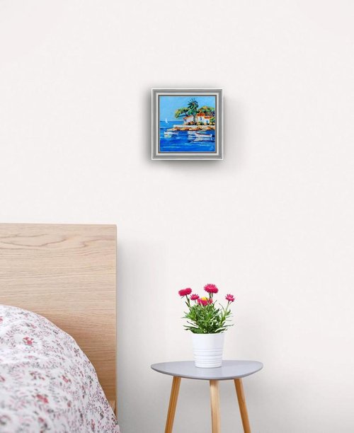 キャンバスに海景油絵、オリジナルアート、ボートの絵、地中海