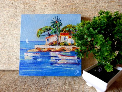 キャンバスに海景油絵、オリジナルアート、ボートの絵、地中海