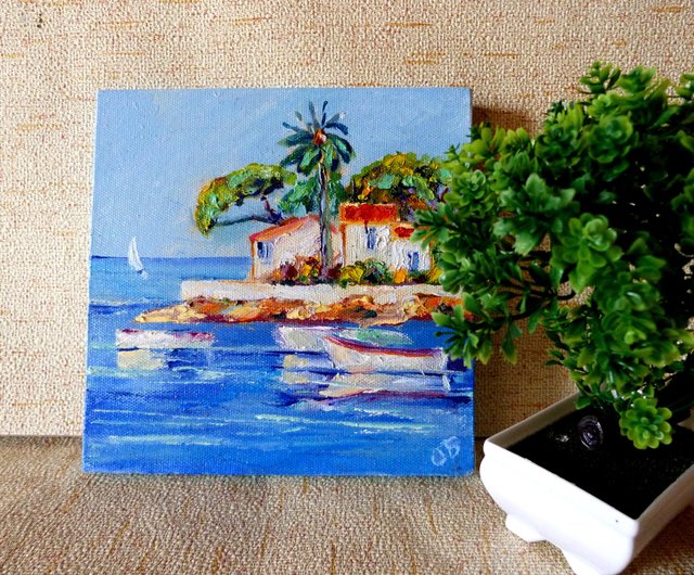 J.クールベ【地中海の眺め】油絵　油彩 J.クールベ【地中海の眺め】油絵 油彩 kakejiku_ya-6891