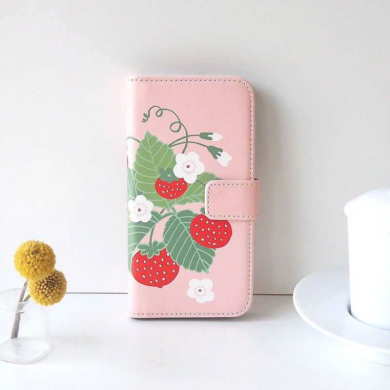 Notebook type phone case - Strawberry - - Phone Cases - Faux Leather Pink