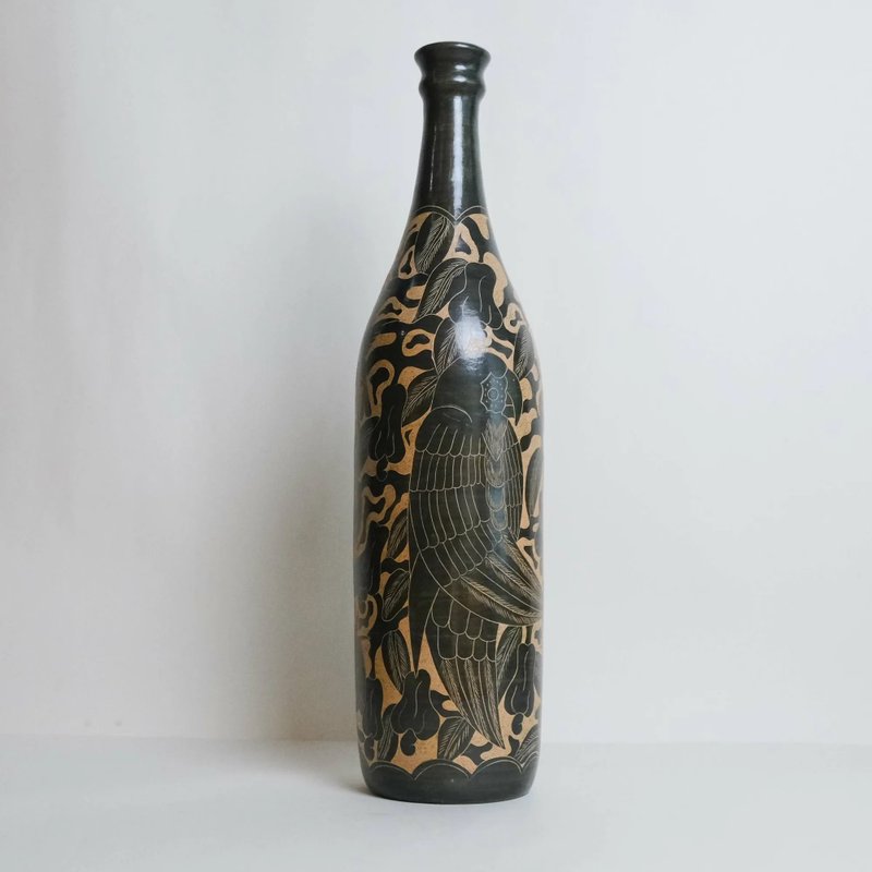 尼加拉瓜手工陶器、花器【金剛鸚鵡】紀念品禮物首選 - 花瓶/花器 - 陶 黑色