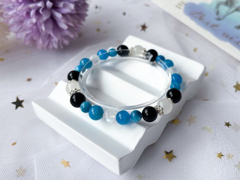 【霜月】天然藍磷灰 黑瑪瑙 藍月亮石 玉髓 S925純銀 設計手鍊 - 手鍊/手環 - 水晶 藍色
