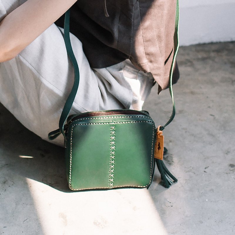 SQUARE SHAPE LEATHER CROSS BODY BAG-GREEN - Messenger Bags & Sling Bags - Genuine Leather Green