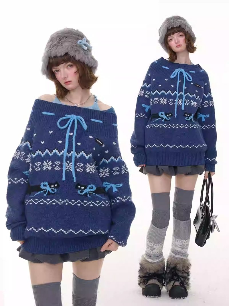 ziziFei秋冬季復古設計感蝴蝶結慵懶深藍色費爾島風半高領毛衣女 - 女裝毛衣/針織衫 - 其他材質 藍色