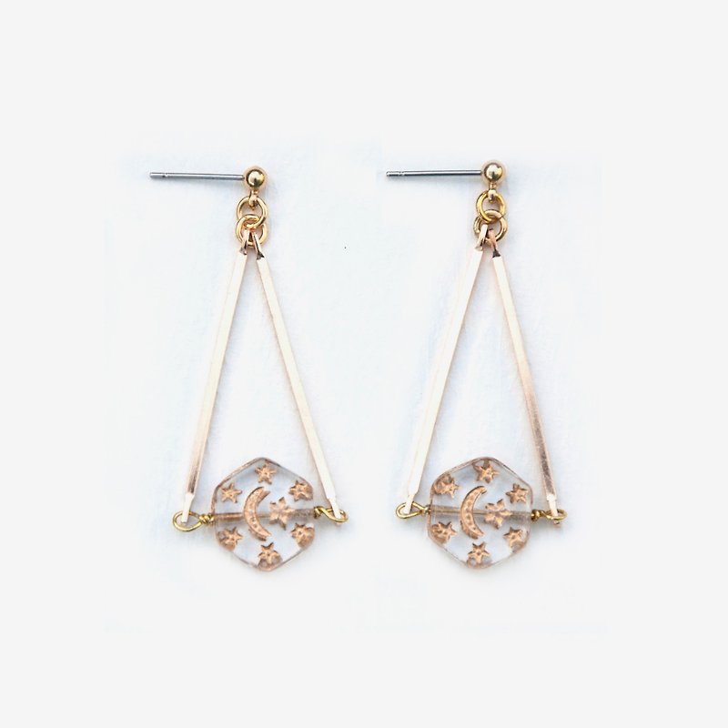 Crystal Hexagonal Moon & Star Earrings, Post Earrings, Clip On Earrings - ต่างหู - โลหะ สีใส