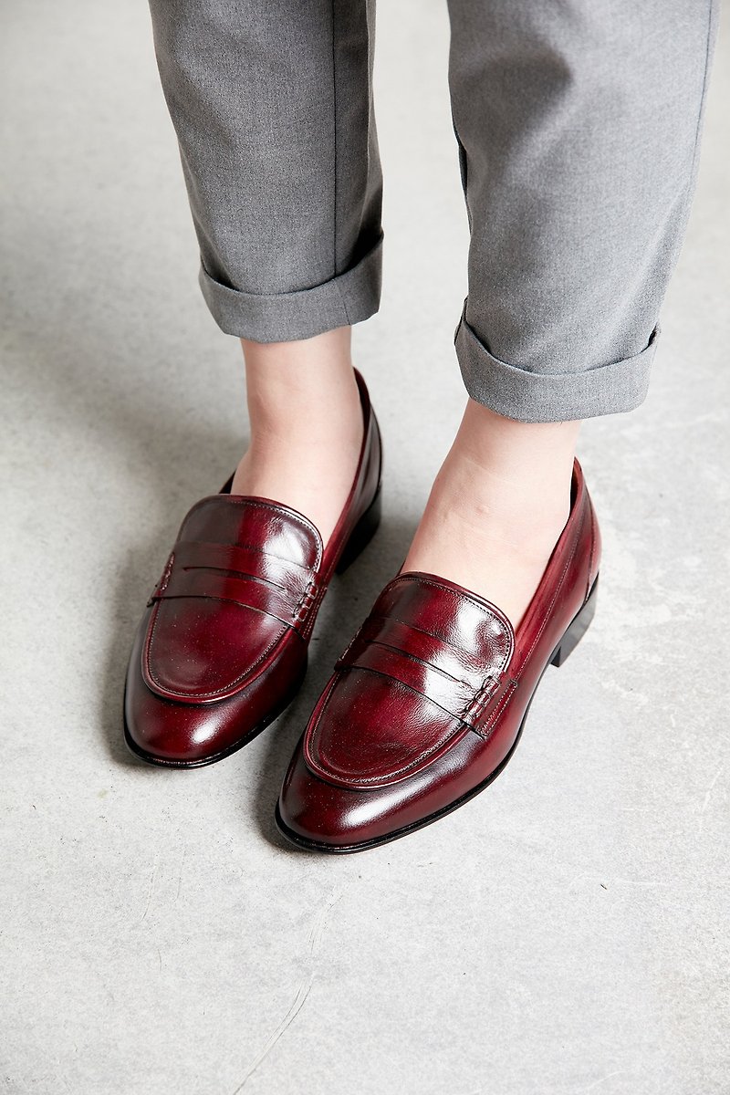 HTHREE Penny Loafers / Flat Sole / Claret / Penny Loafers - Women's Oxford Shoes - Genuine Leather Red