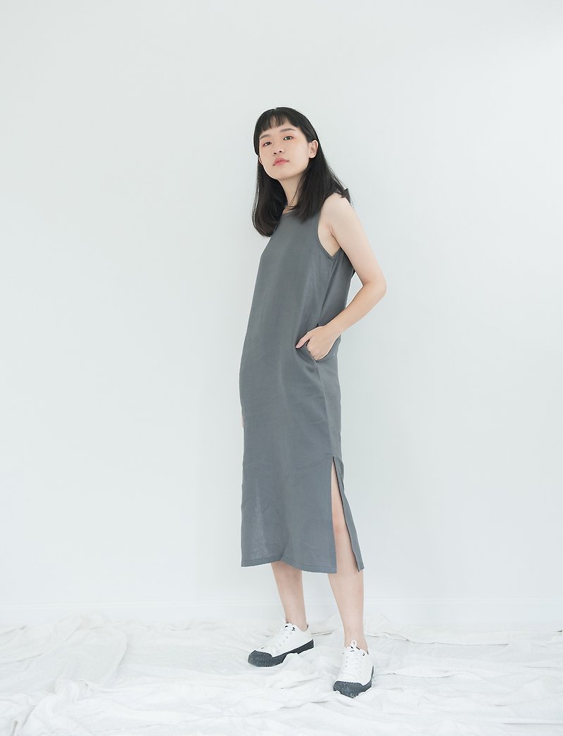 Grey Big Bow Linen Dress - 連身裙 - 亞麻 灰色