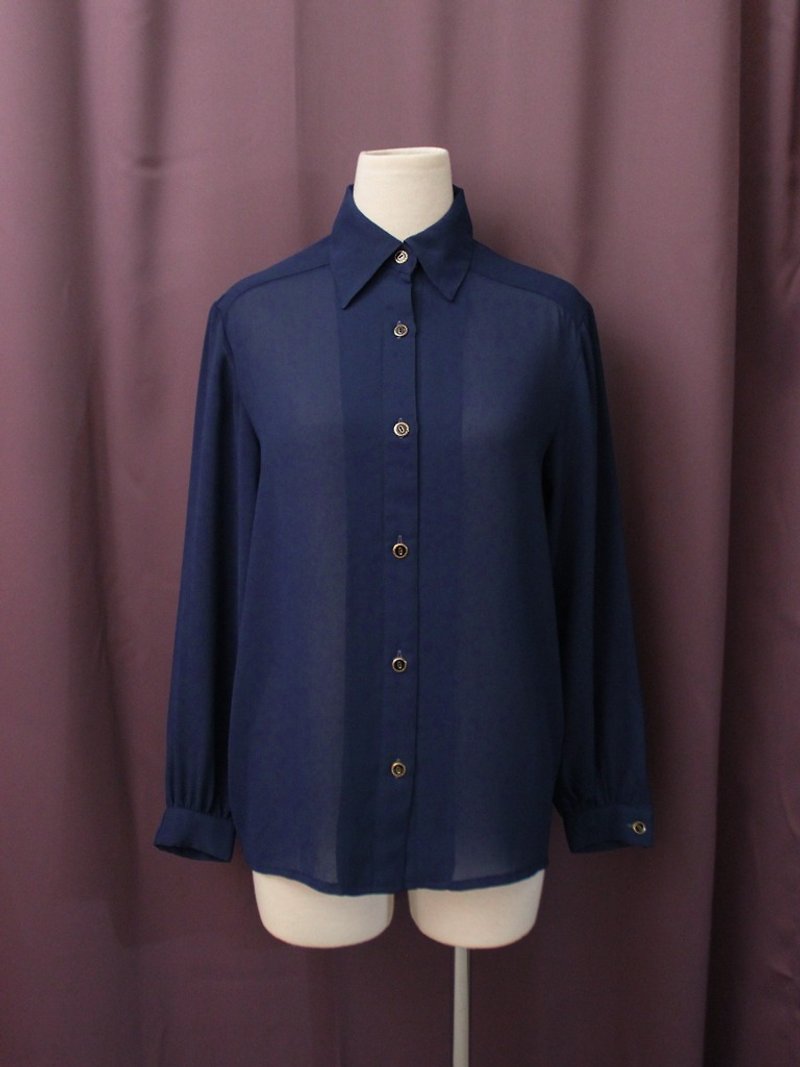Vintage Japanese Elegant Simple Dark Blue Long Sleeve Vintage Shirt Vintage Blouse - เสื้อเชิ้ตผู้หญิง - เส้นใยสังเคราะห์ สีน้ำเงิน