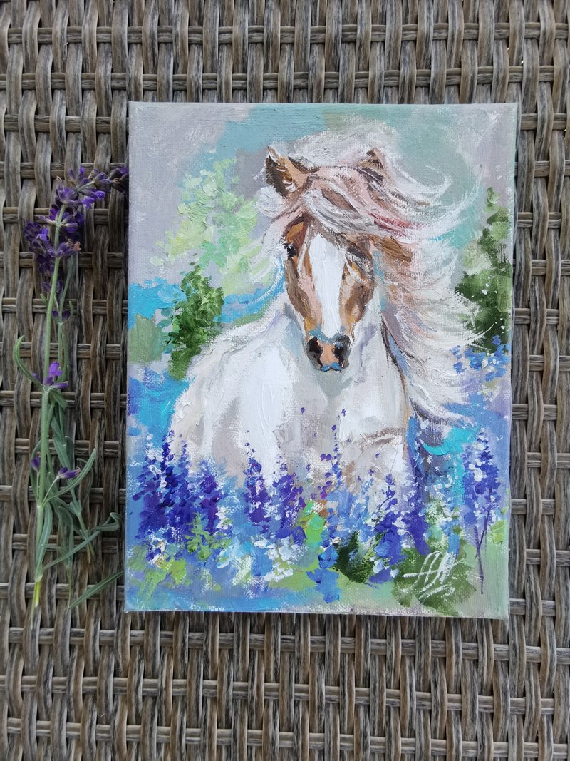 Miniature lavender horse with flowers in boho style - Wall Décor - Other Materials Khaki