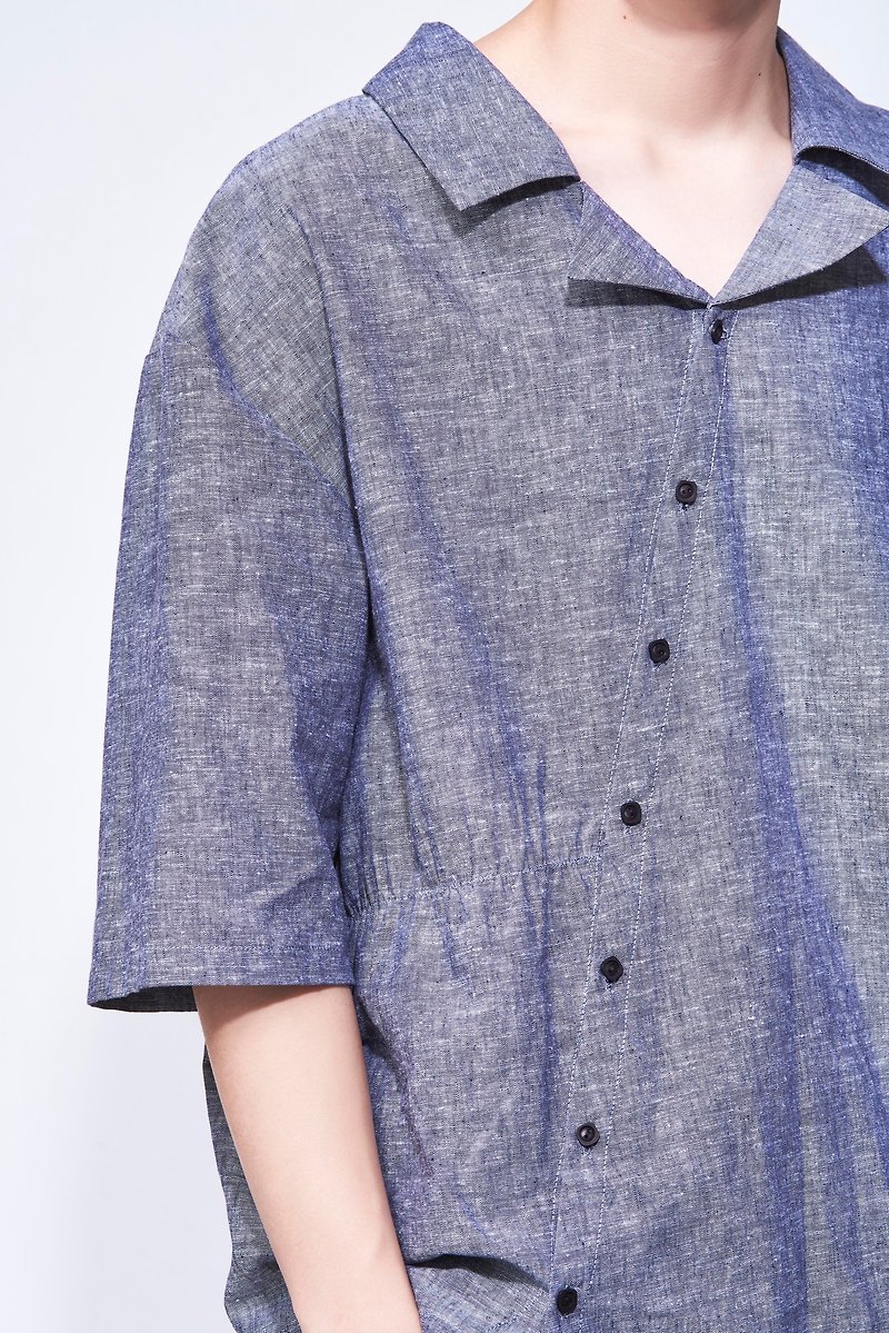 8 lie down. Side elastic diagonal button shirt - เสื้อเชิ้ตผู้ชาย - ผ้าฝ้าย/ผ้าลินิน สีน้ำเงิน