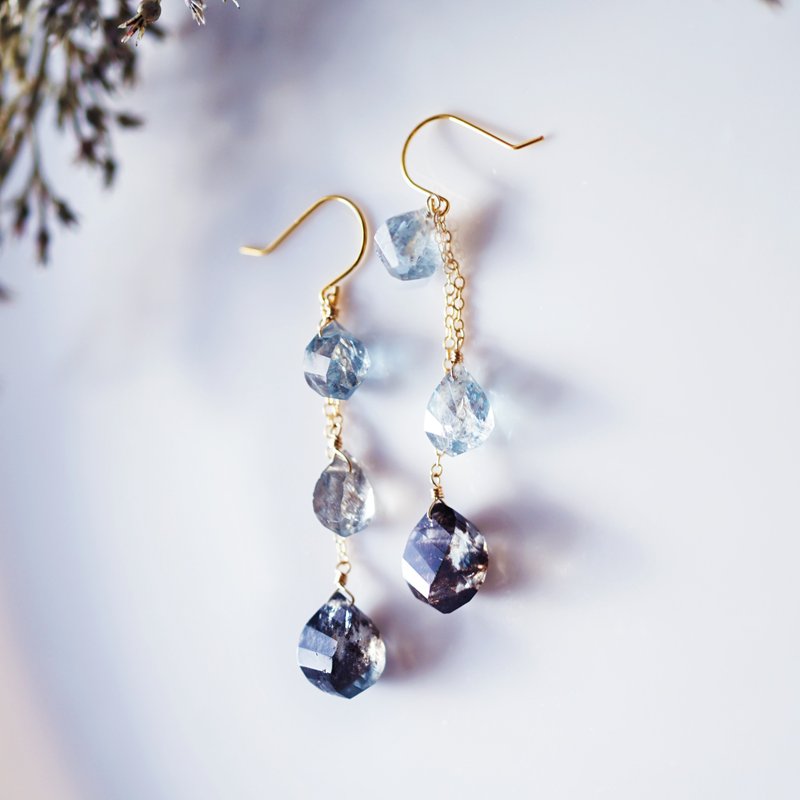 14KGF Moss Aquamarine Briolette Twist Chandelier Earrings Summer Shadow - ต่างหู - เครื่องเพชรพลอย สีน้ำเงิน