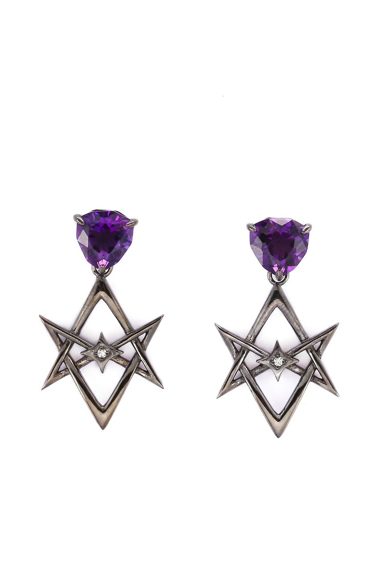 Mother's day giftPurple Star Collection--S925  Silver Plated Black Earing 02 - Earrings & Clip-ons - Silver Purple