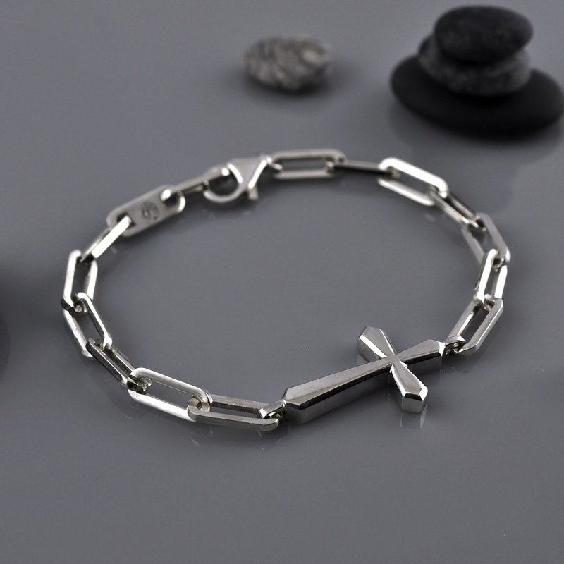 Sterling Silver Cross Bracelet With Oval Links,SV925 - Bracelets - Sterling Silver Silver