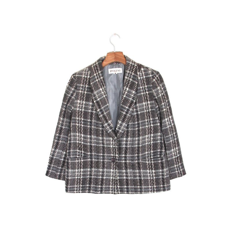 Ancient】 【egg plant paleozoic quilts blazer check suit jacket - Women's Blazers & Trench Coats - Wool Gray