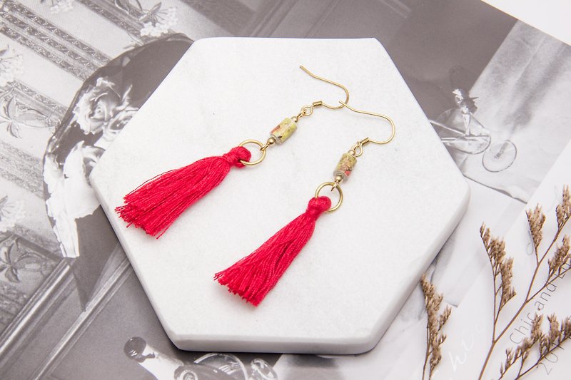 National wind fringe earrings - flowers - Earrings & Clip-ons - Other Metals Red