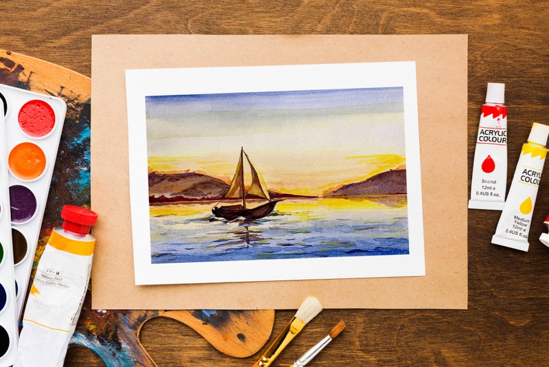 Seascape Painting - Watercolor Painting, Sailboat, Wall Art, Hand-Painted Sea - Posters - Paper Multicolor