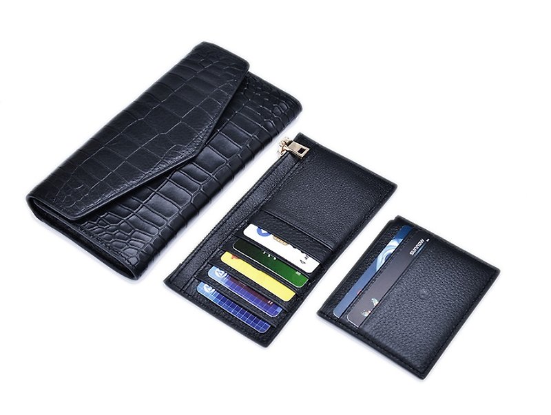 Leather Crocodile Wallet Long Black - กระเป๋าคลัทช์ - หนังแท้ สีดำ